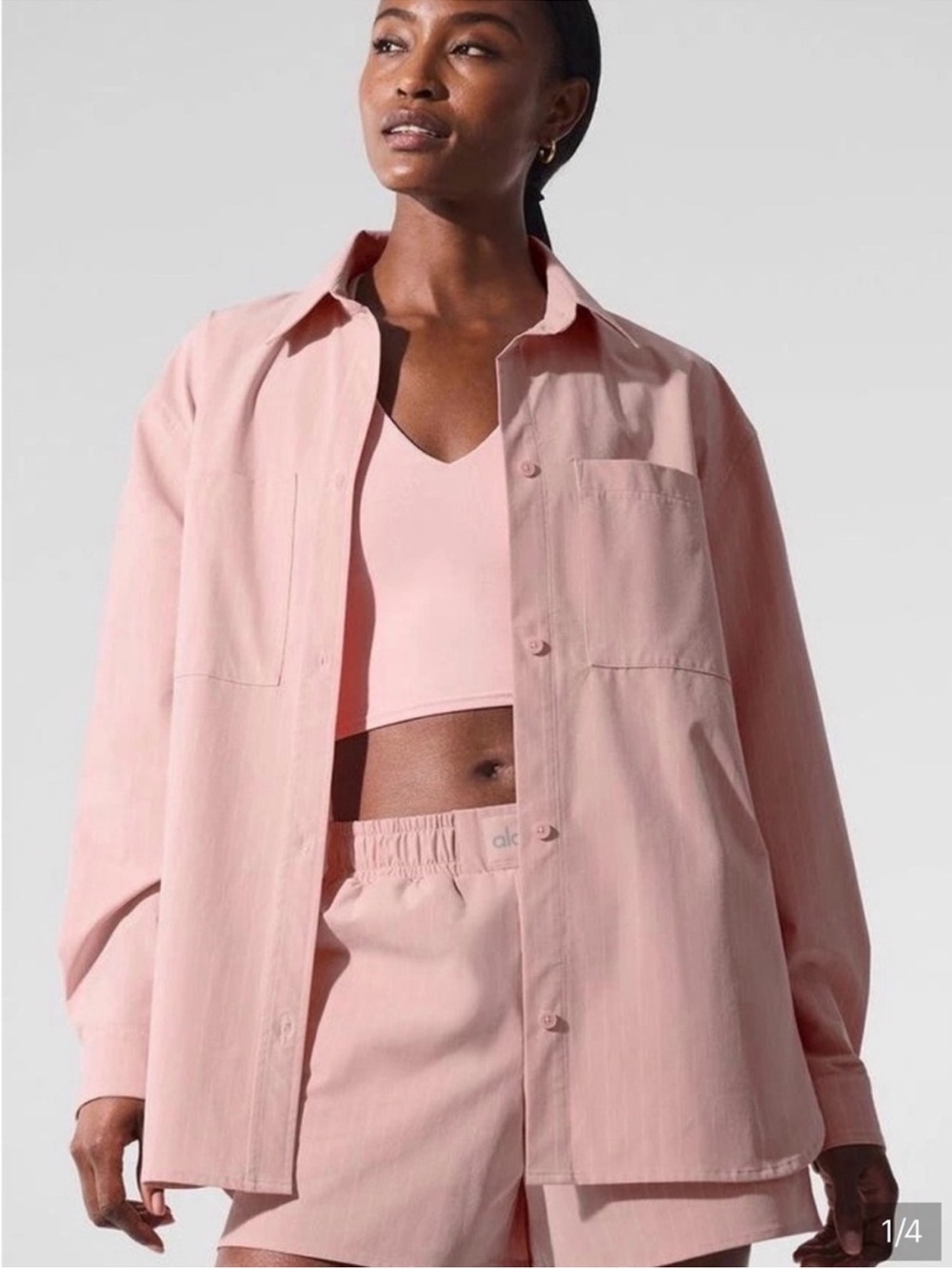 ALO Yoga Womens Daylight Pinstripe Button-Down Shirt in Dusty Rose sold out